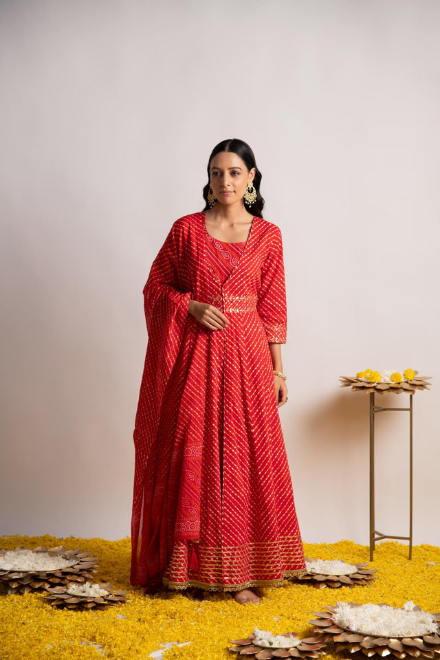 Red Laheriya Print Double layer Kalidaar Kurta with Dupatta