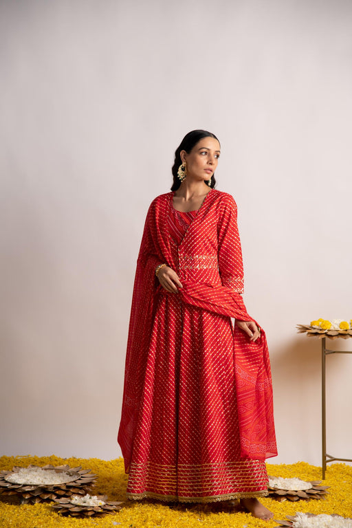 Red Laheriya Print Double layer Kalidaar Kurta with Dupatta