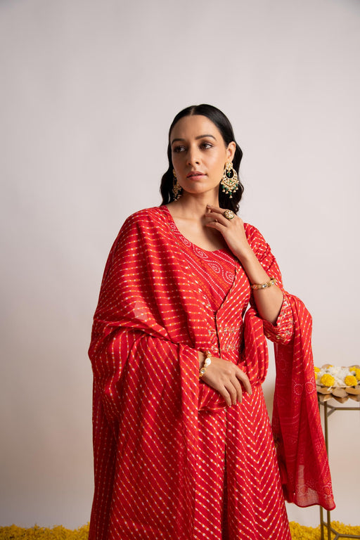 Red Laheriya Print Double layer Kalidaar Kurta with Dupatta