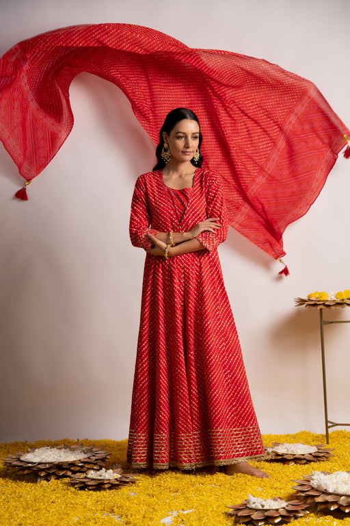 Red Laheriya Print Double layer Kalidaar Kurta with Dupatta