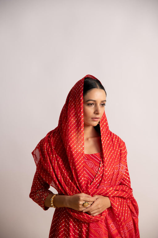 Red Laheriya Print Double layer Kalidaar Kurta with Dupatta