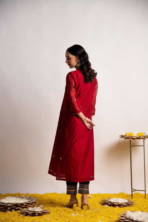 Maroon Silk Chanderi Straight Kurta with Gota Work Afghani Pant