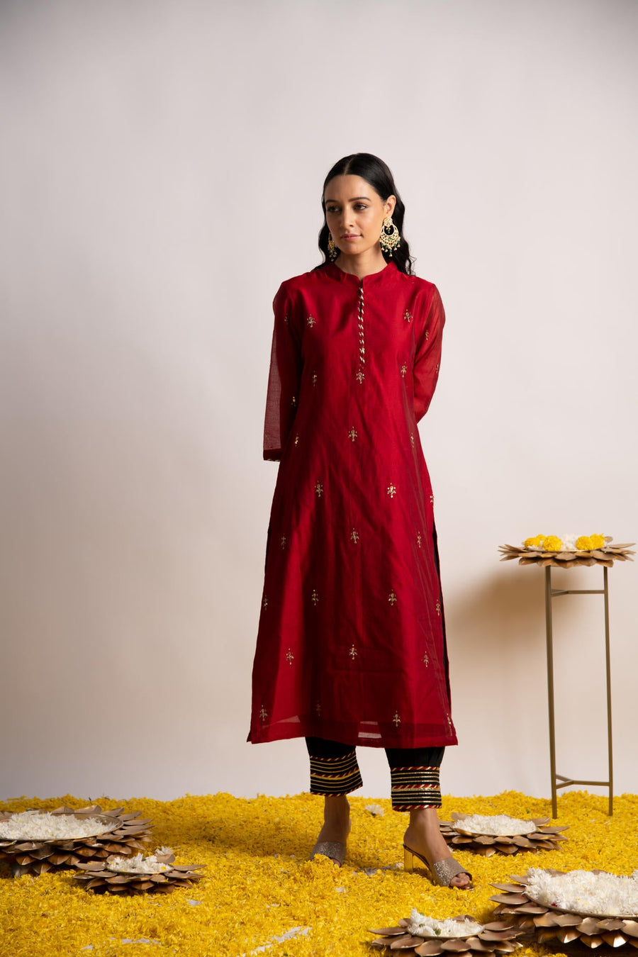 Maroon Silk Chanderi Straight Kurta with Gota Work Afghani Pant