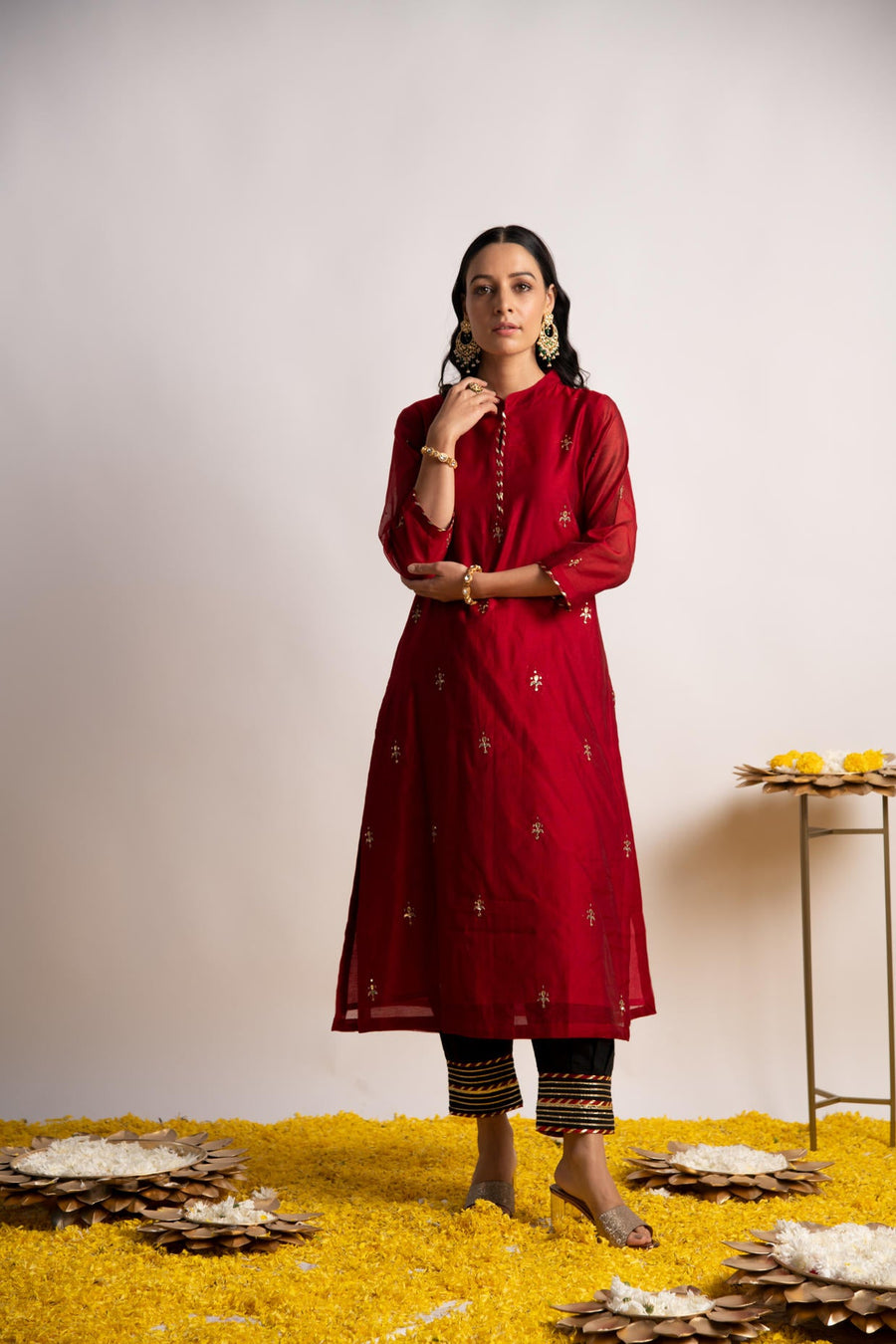 Maroon Silk Chanderi Straight Kurta with Gota Work Afghani Pant