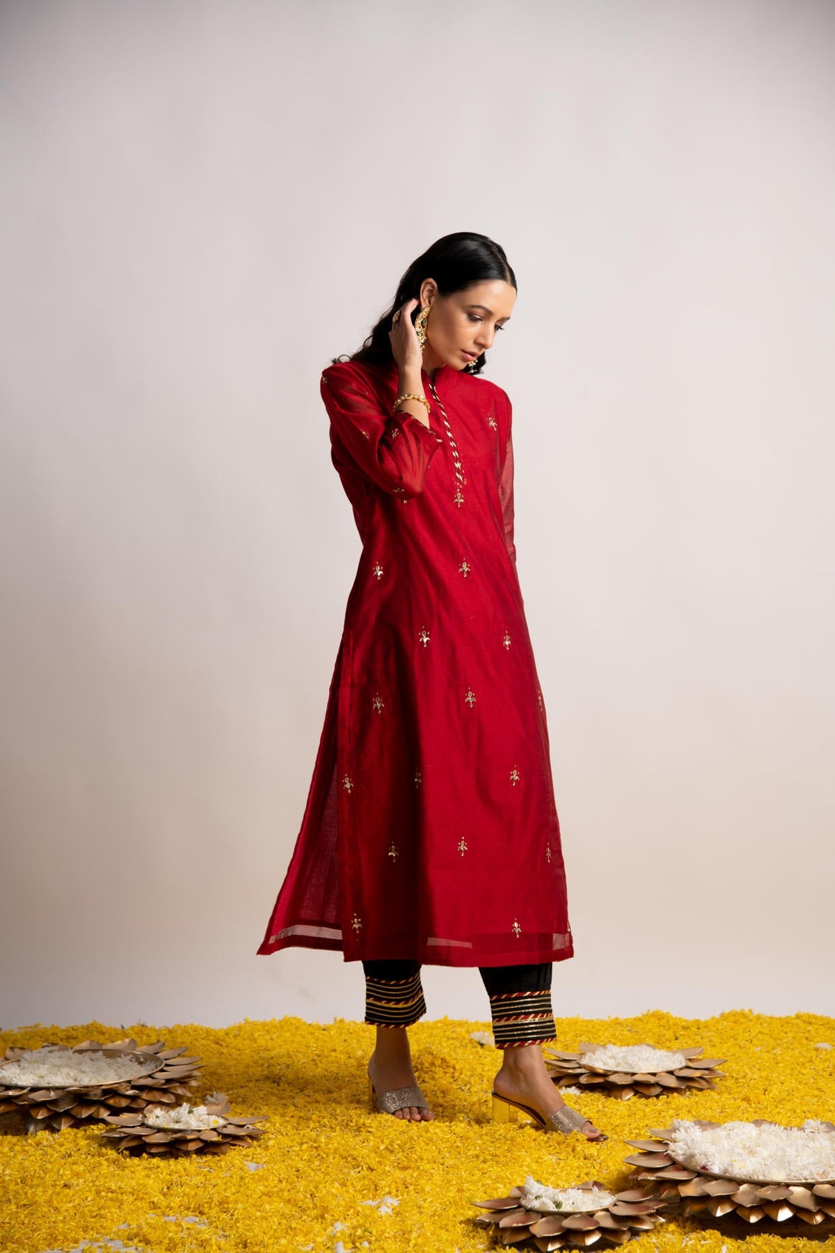 Maroon Silk Chanderi Straight Kurta with Gota Work Afghani Pant