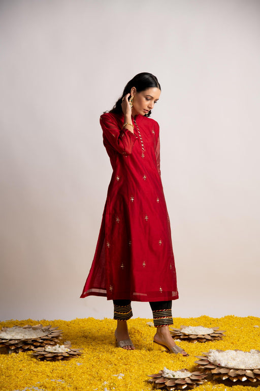 Maroon Silk Chanderi Straight Kurta with Gota Work Afghani Pant