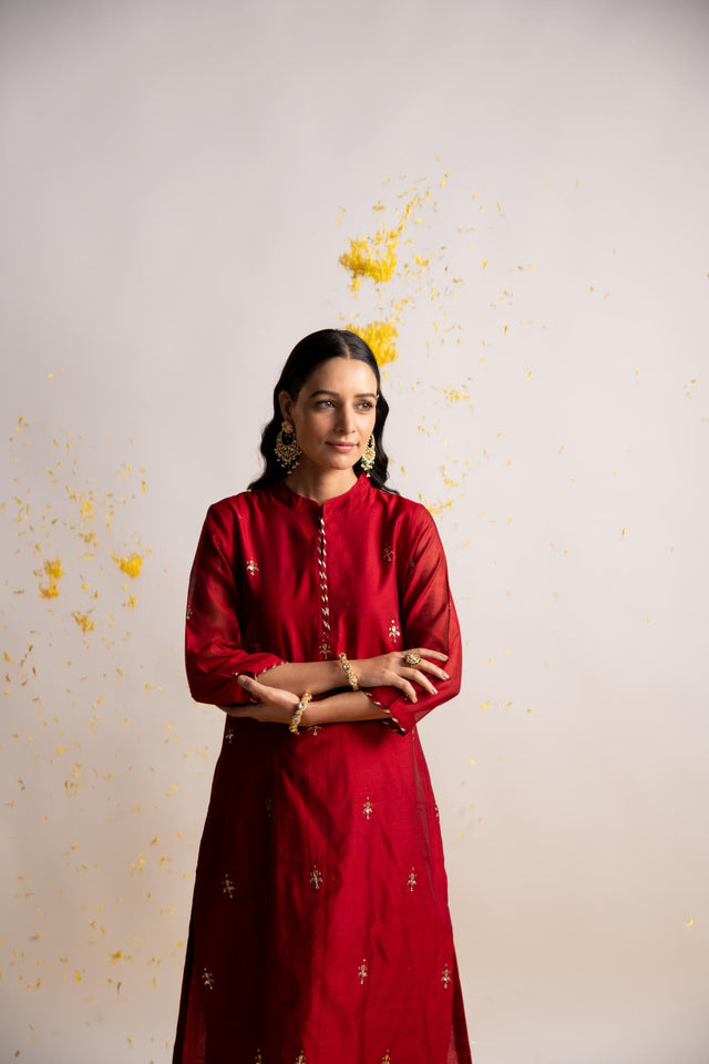 Maroon Silk Chanderi Straight Kurta with Gota Work Afghani Pant