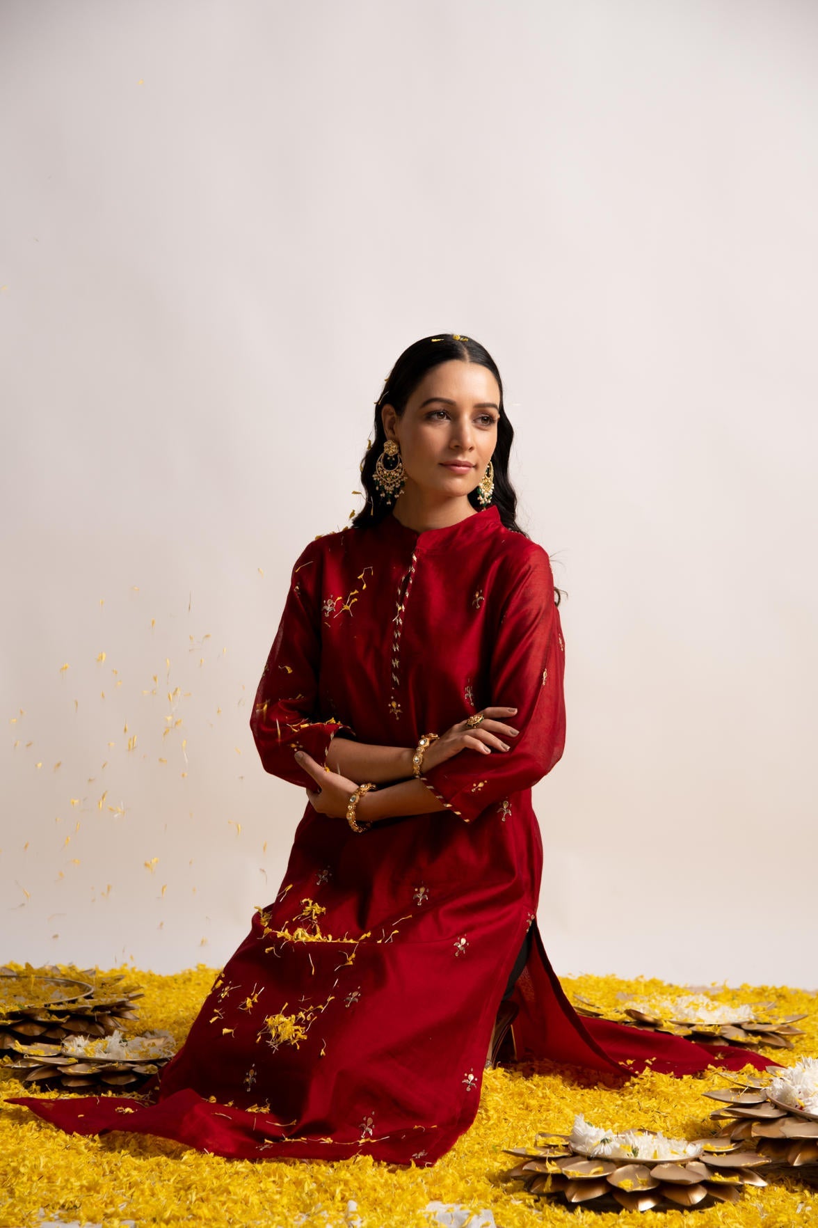 Maroon Silk Chanderi Straight Kurta with Gota Work Afghani Pant