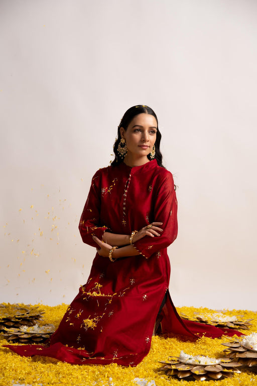 Maroon Silk Chanderi Straight Kurta with Gota Work Afghani Pant