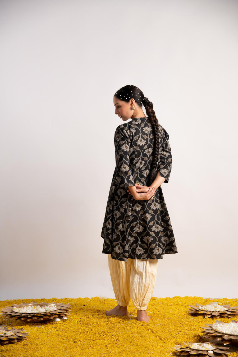 Black Gold Print Up and Down Flared Kurta