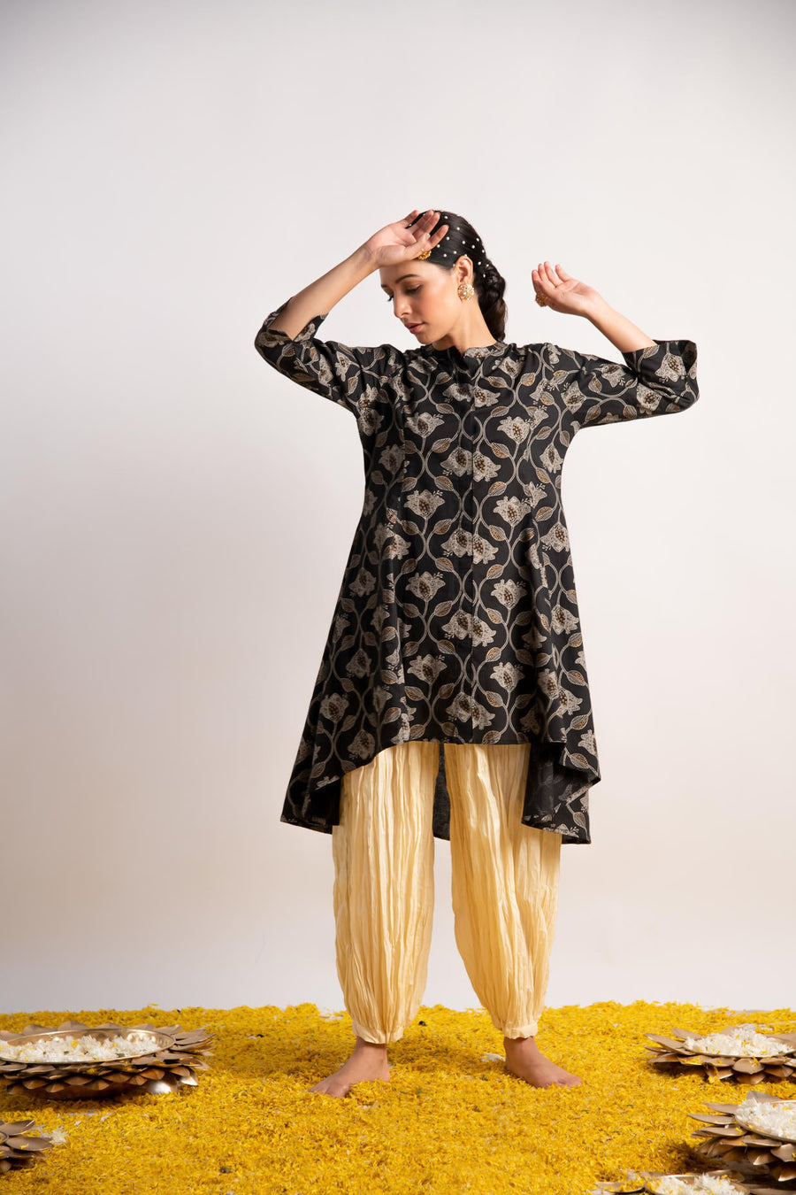 Black Gold Print Up and Down Flared Kurta