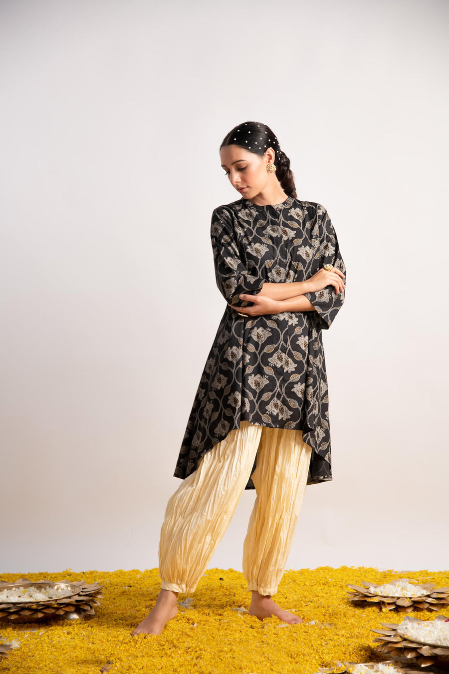 Black Gold Print Up and Down Flared Kurta