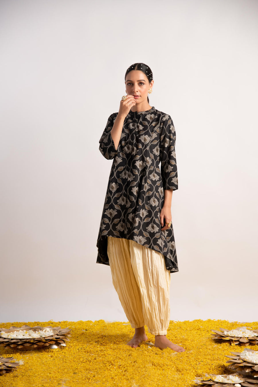 Black Gold Print Up and Down Flared Kurta