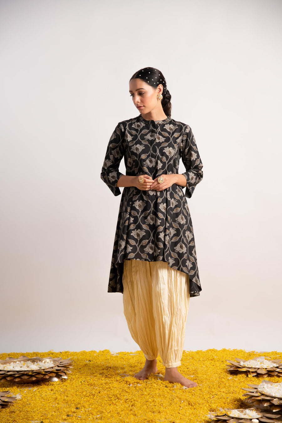 Black Gold Print Up and Down Flared Kurta