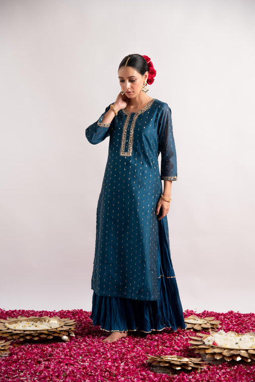 Teal Zari Woven Silk Chanderi Straight Kurta