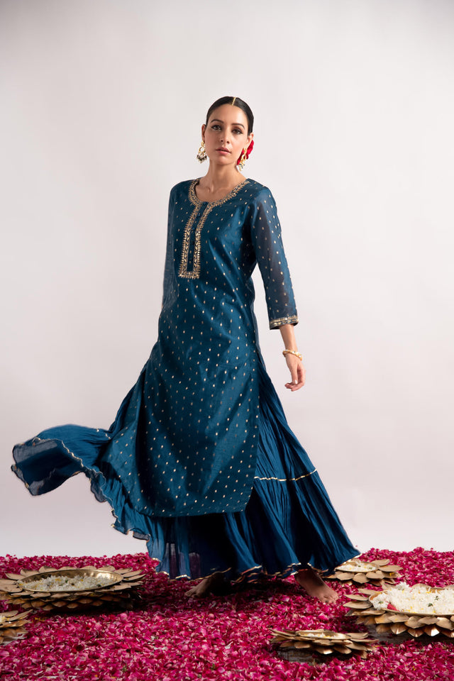 Teal Zari Woven Silk Chanderi Straight Kurta