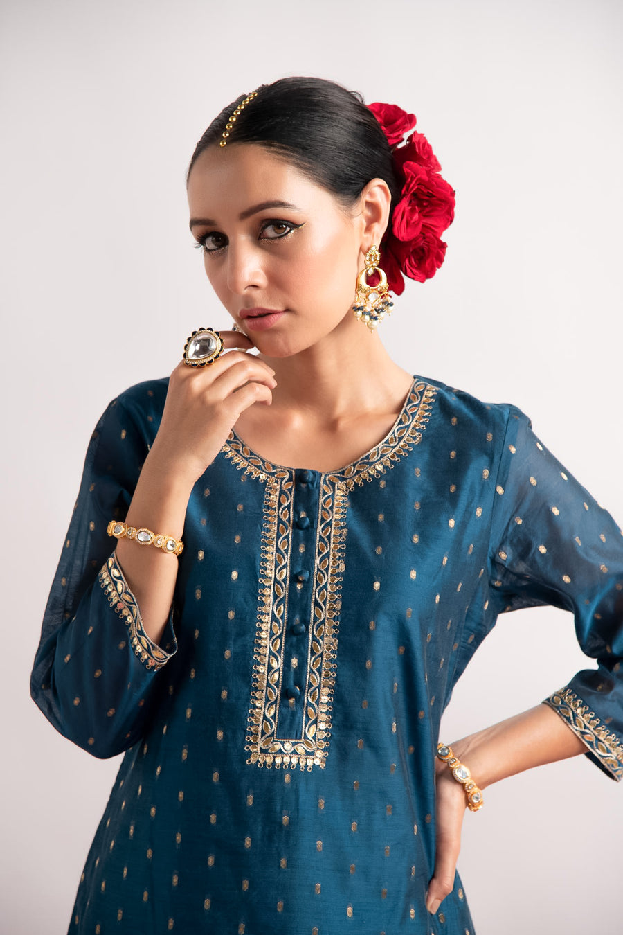 Teal Zari Woven Silk Chanderi Straight Kurta