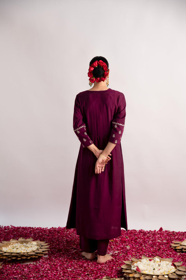 Wine Modal Silk Fabric A-Line Kurta with Pant