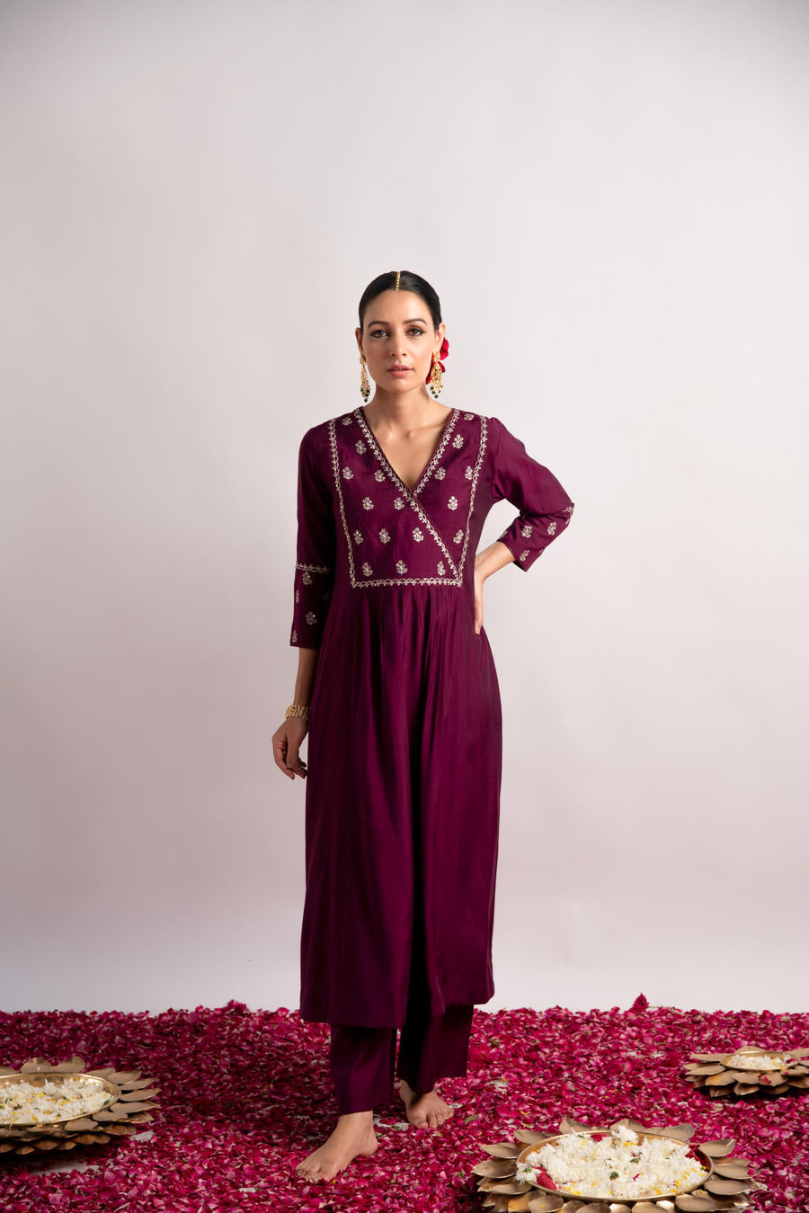 Wine Modal Silk Fabric A-Line Kurta with Pant