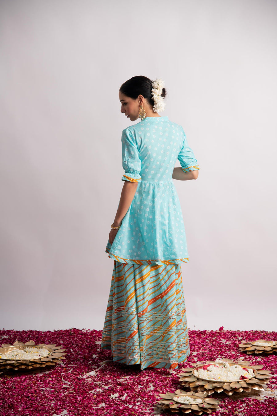 Firozi Bandhani Print Kurta with Leheriya Skirt and Dupatta