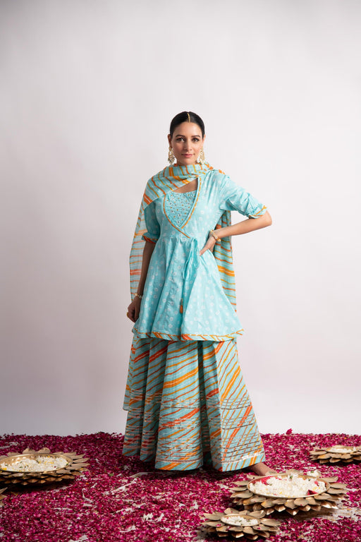 Firozi Bandhani Print Kurta with Leheriya Skirt and Dupatta
