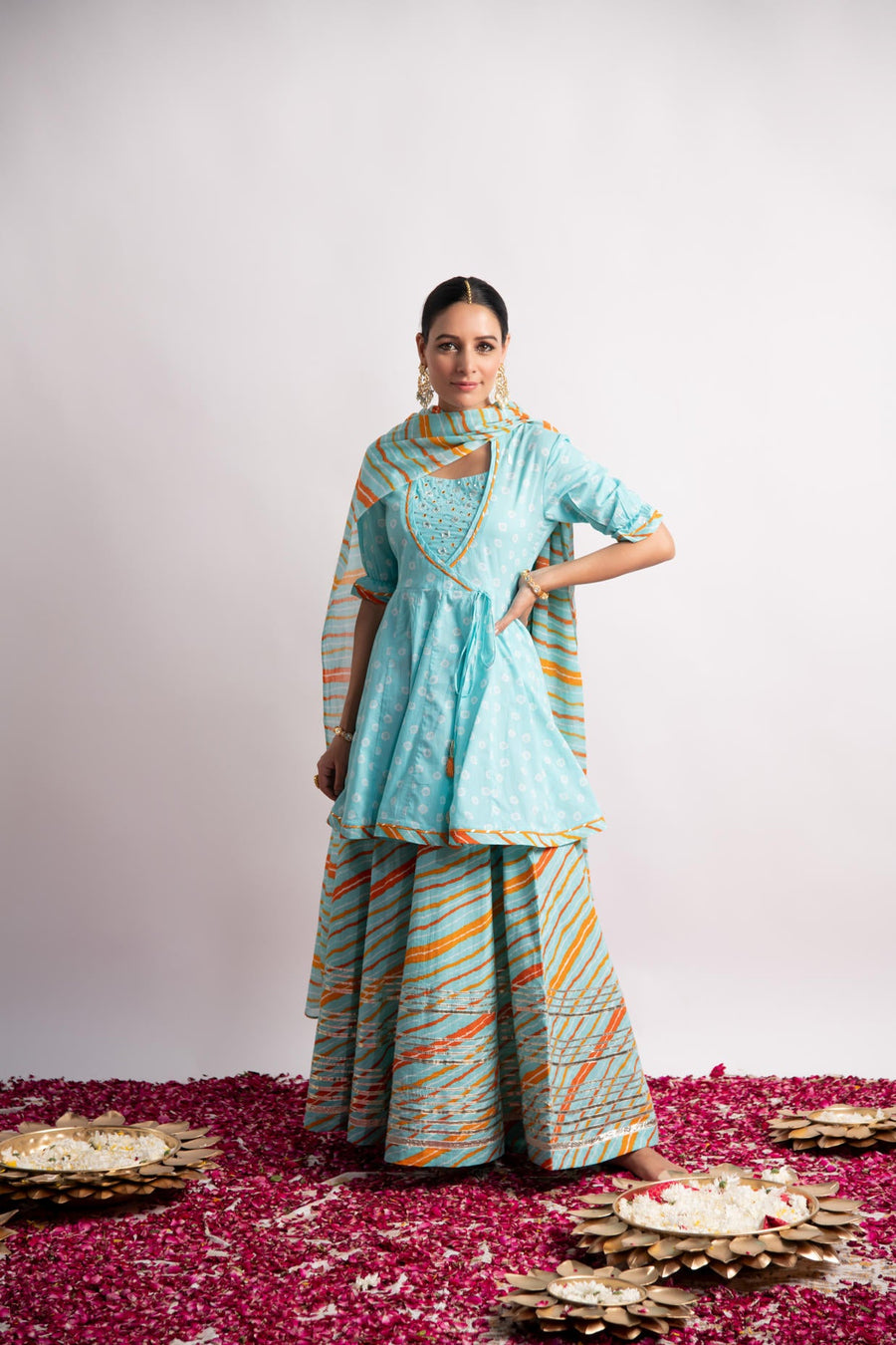 Firozi Bandhani Print Kurta with Leheriya Skirt and Dupatta