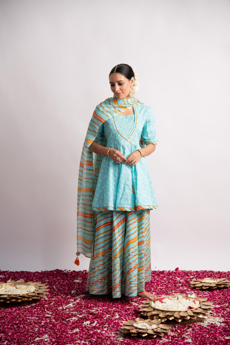 Firozi Bandhani Print Kurta with Leheriya Skirt and Dupatta