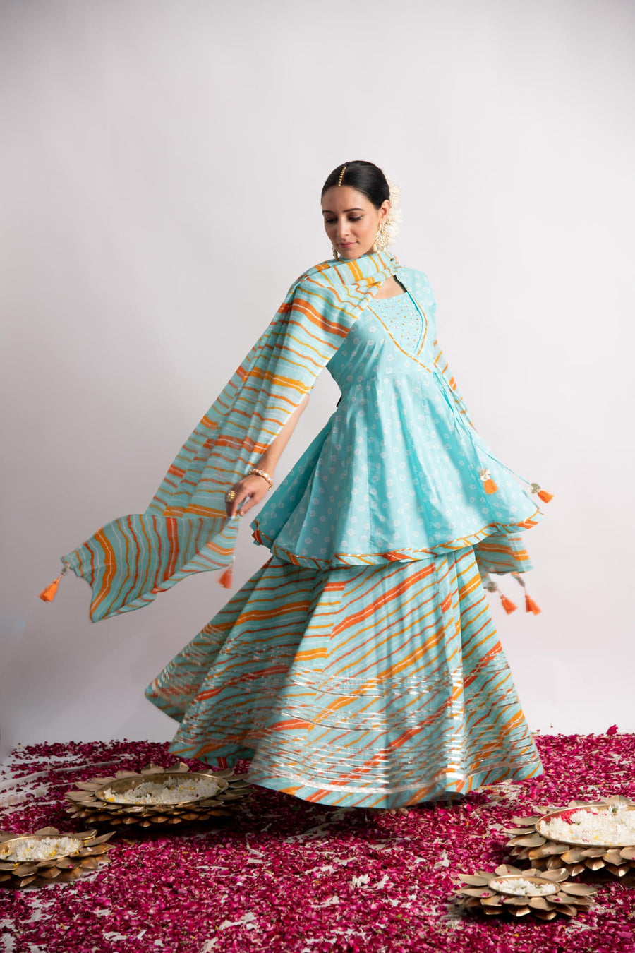 Firozi Bandhani Print Kurta with Leheriya Skirt and Dupatta
