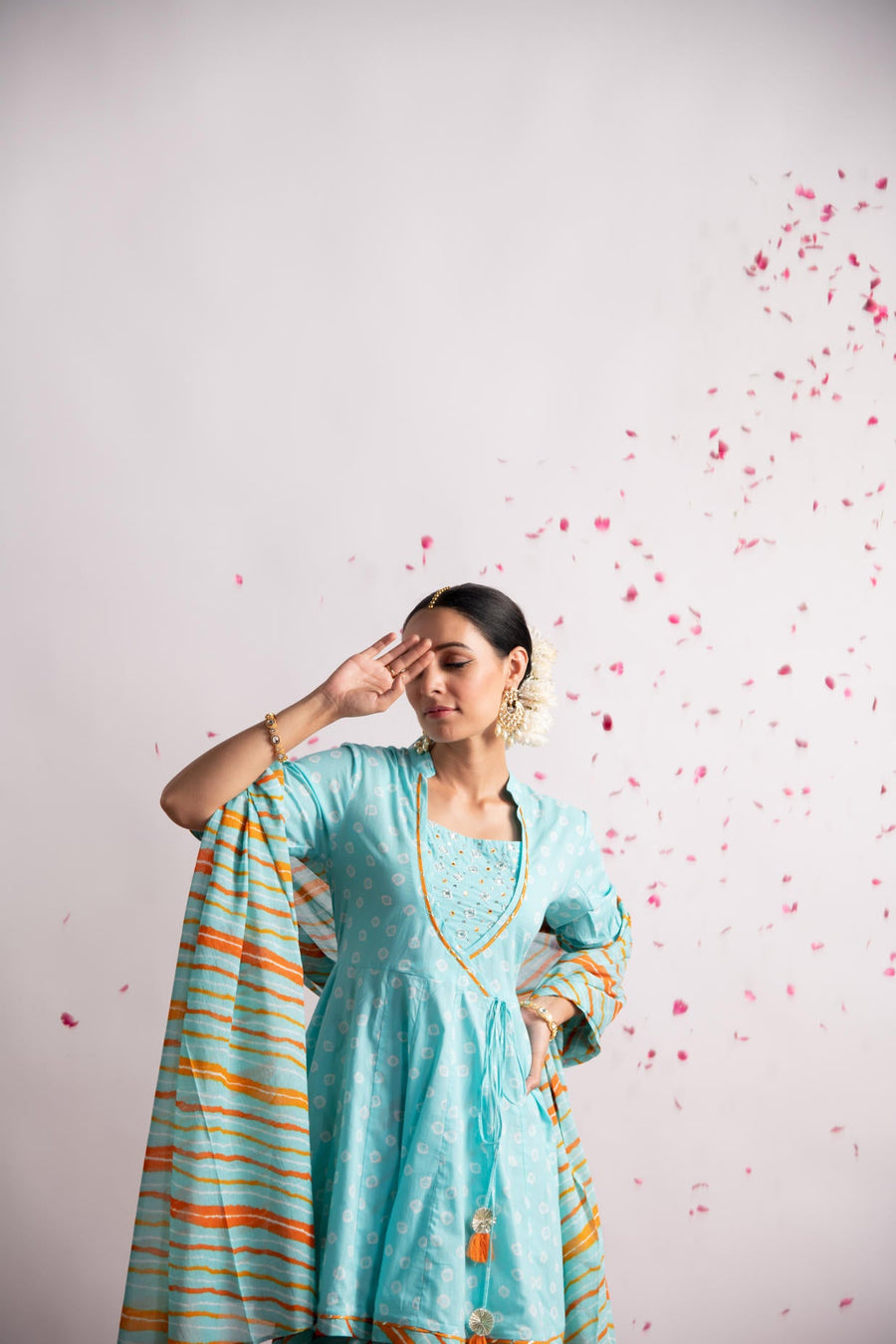 Firozi Bandhani Print Kurta with Leheriya Skirt and Dupatta