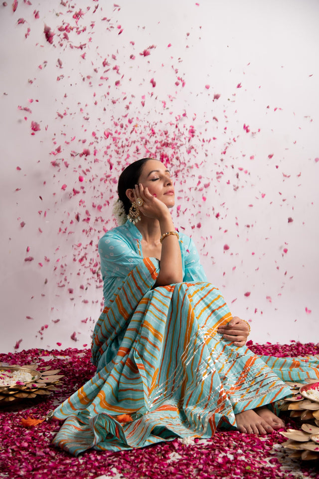 Firozi Bandhani Print Kurta with Leheriya Skirt and Dupatta
