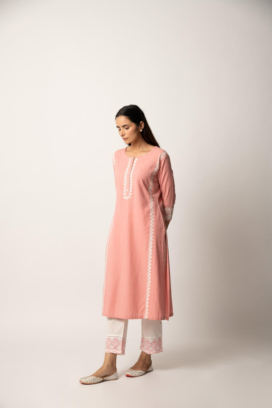 Rose Pink Aari Embroidered Straight Kurta with Pant