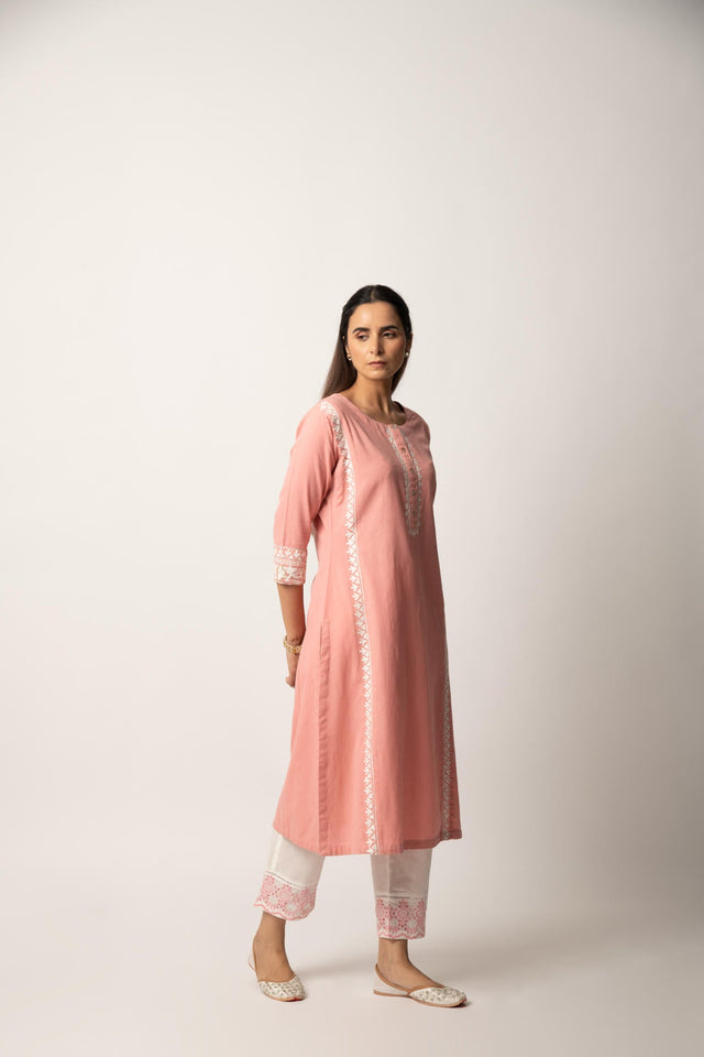Rose Pink Aari Embroidered Straight Kurta with Pant