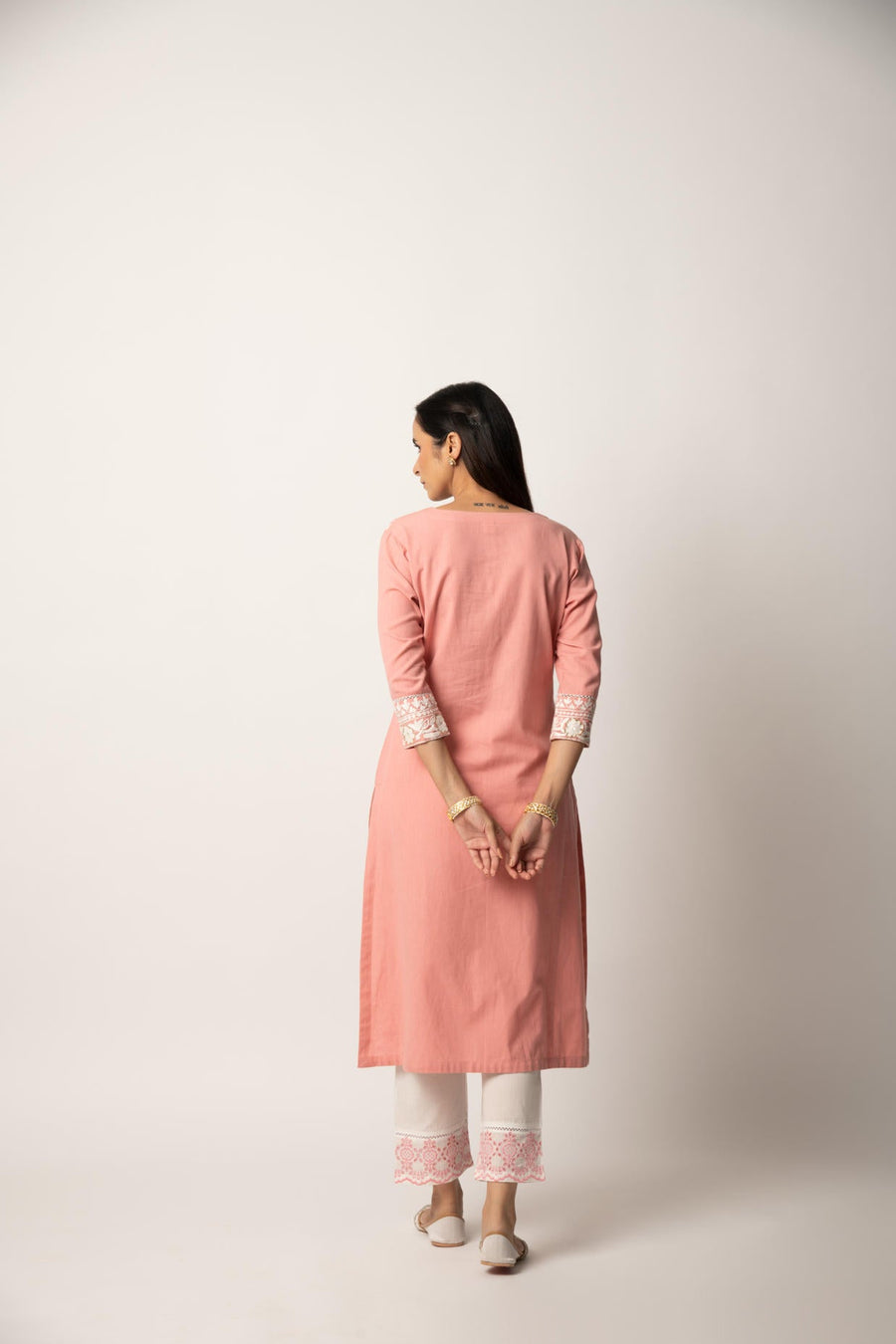 Rose Pink Aari Embroidered Straight Kurta with Pant