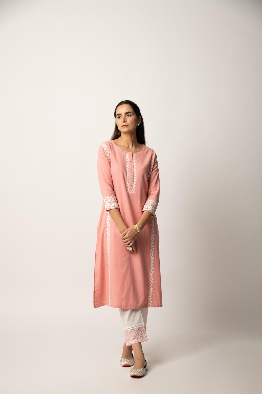 Rose Pink Aari Embroidered Straight Kurta with Pant