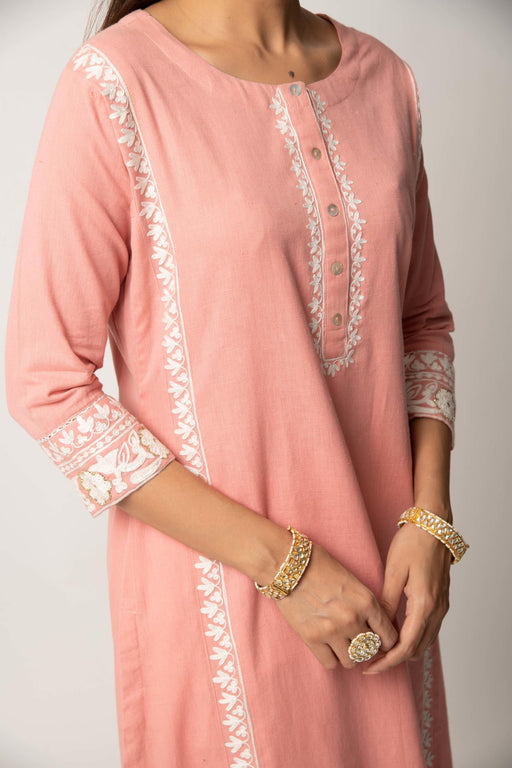 Rose Pink Aari Embroidered Straight Kurta with Pant