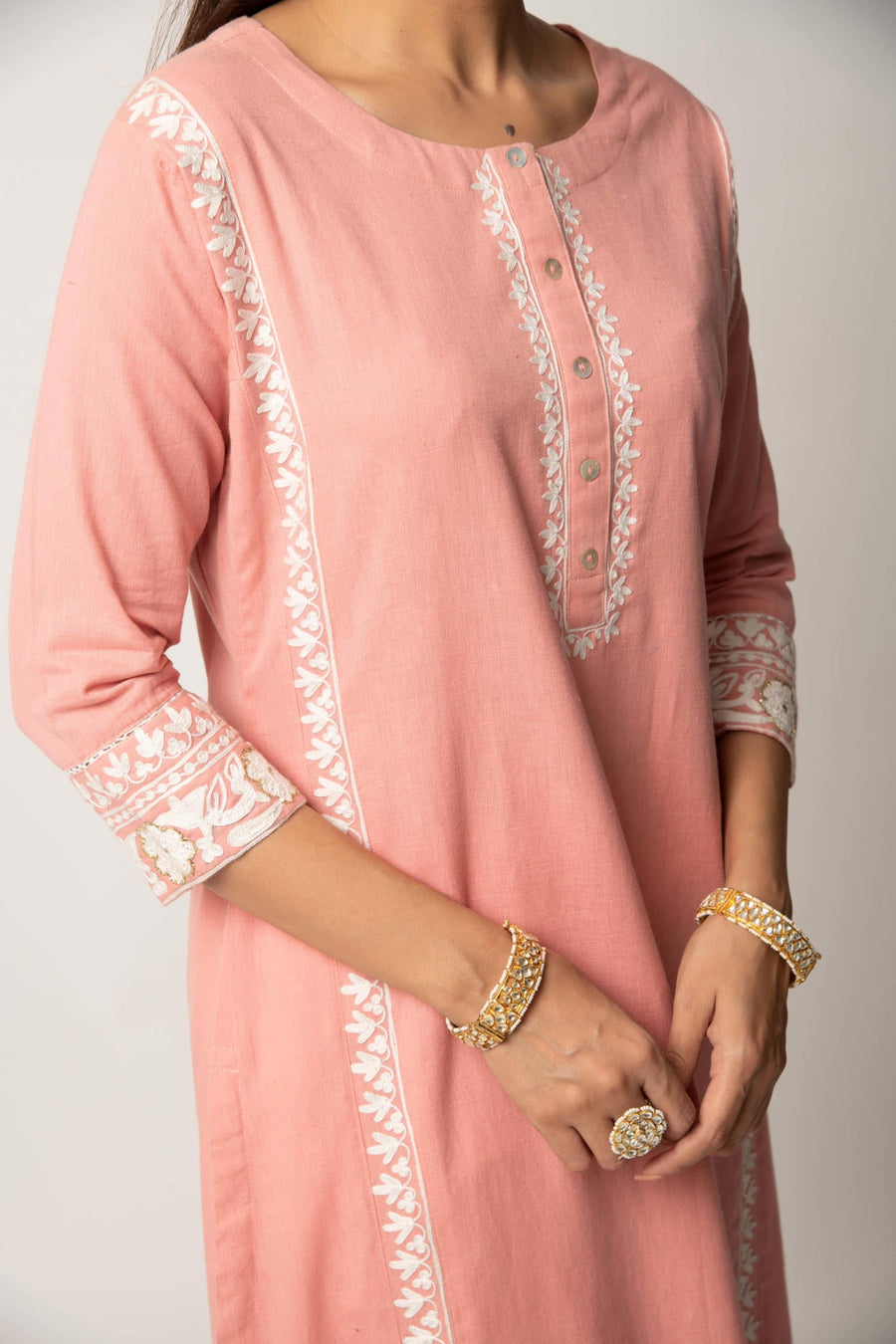 Rose Pink Aari Embroidered Straight Kurta with Pant