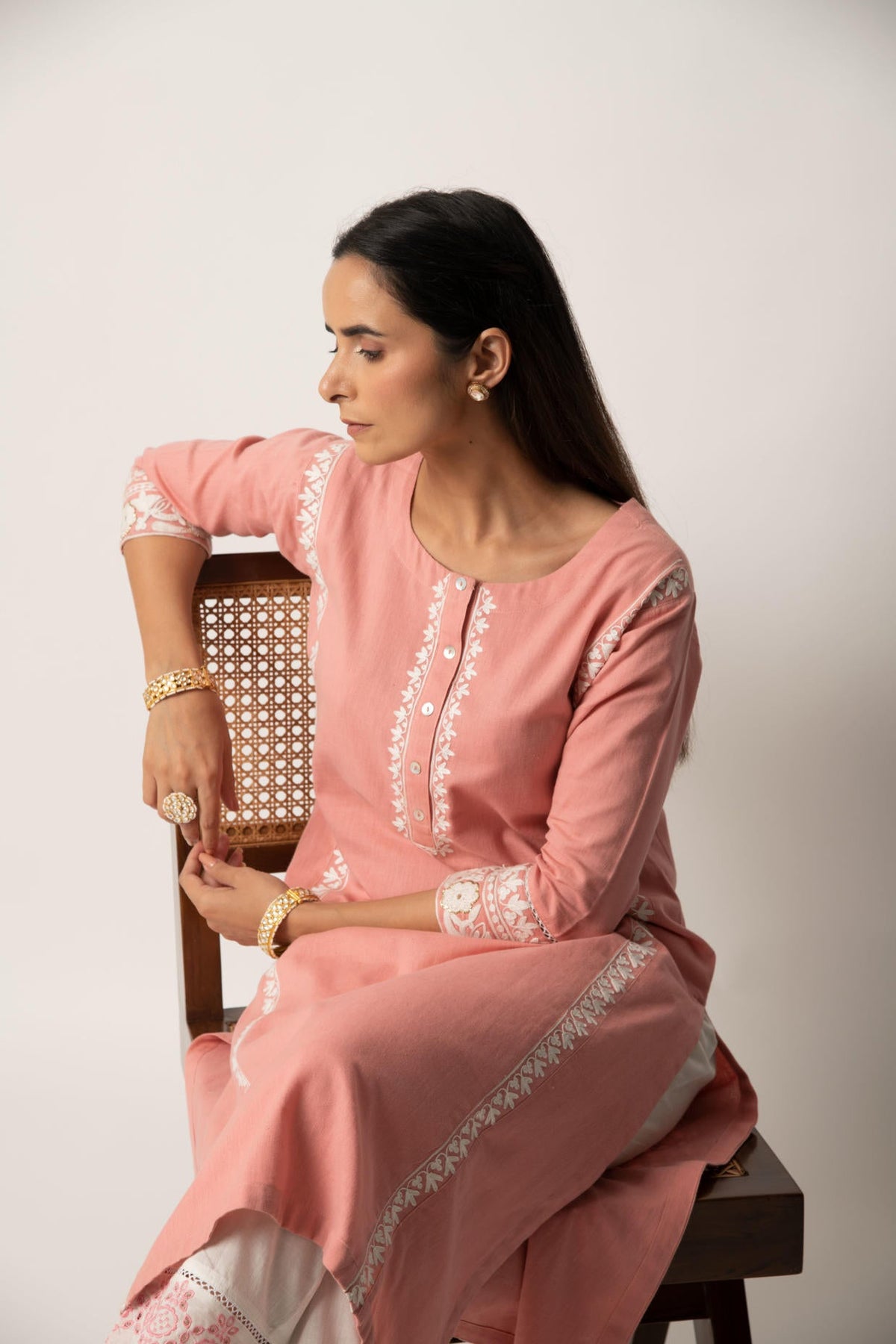 Rose Pink Aari Embroidered Straight Kurta with Pant