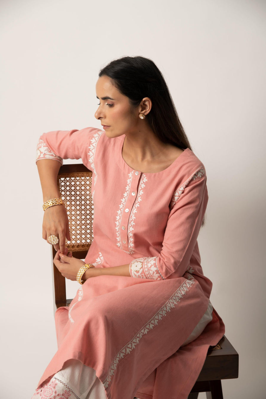 Rose Pink Aari Embroidered Straight Kurta with Pant