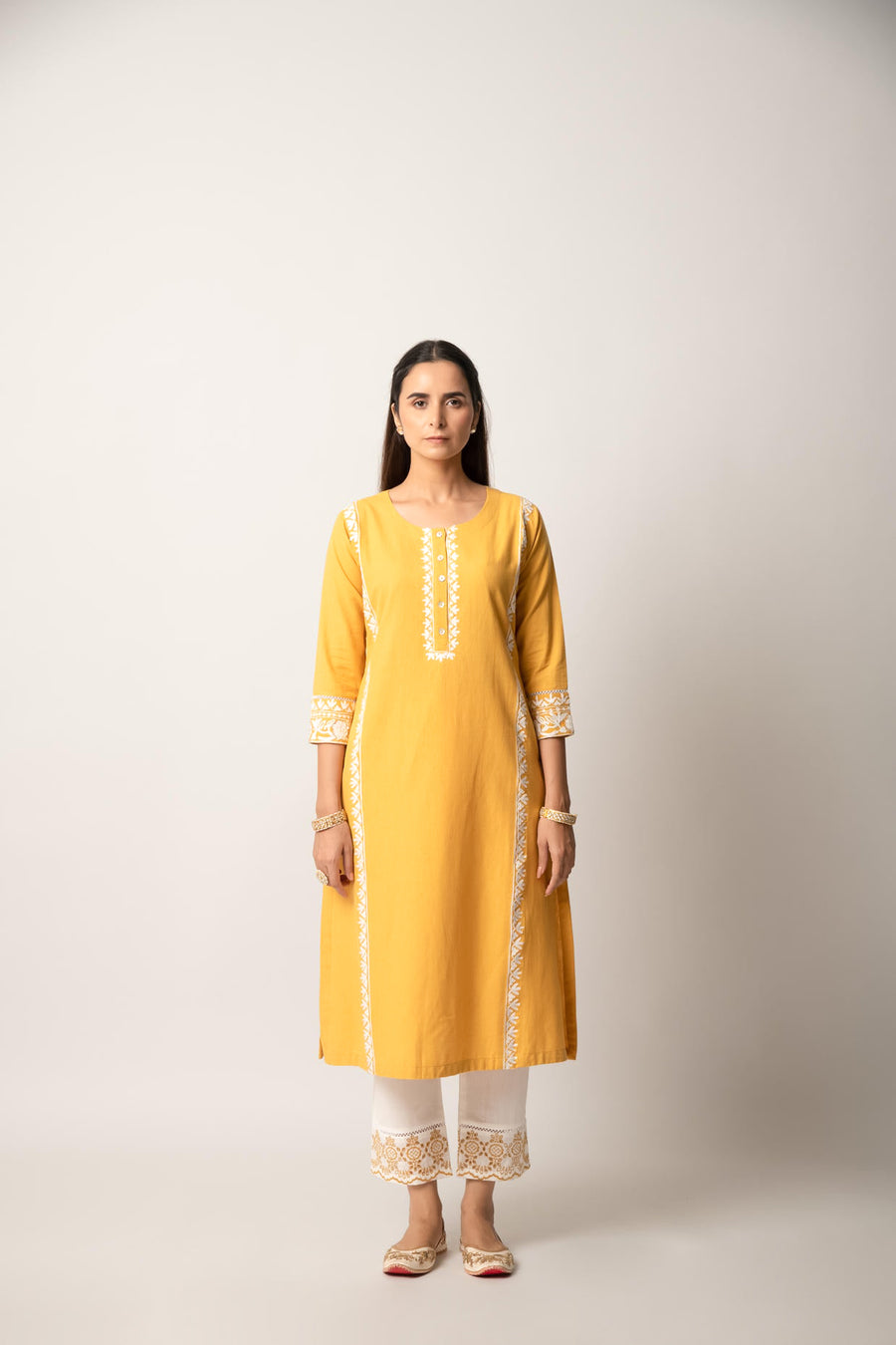 Mustard Aari Embroidered Straight Kurta with Pant