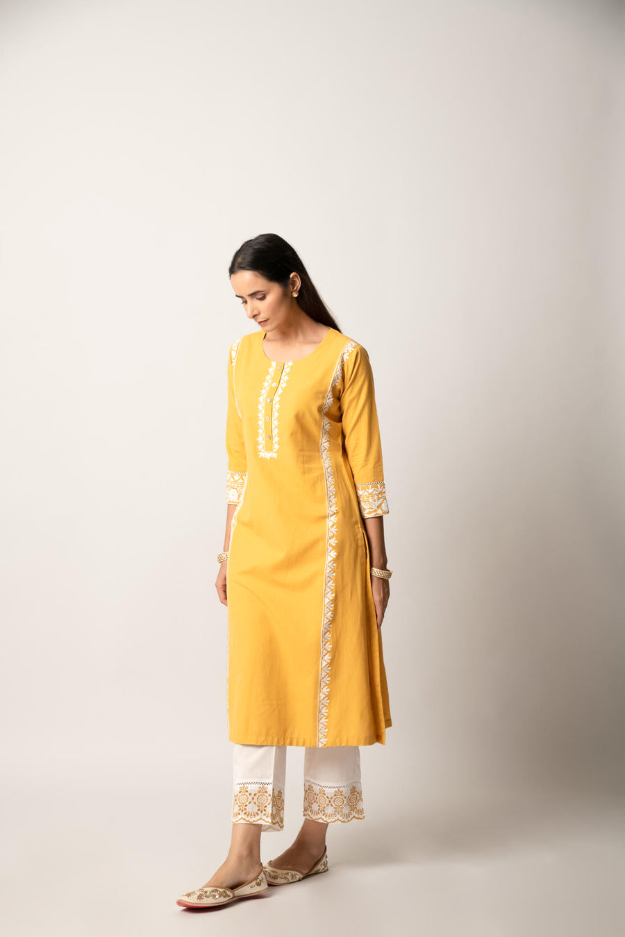 Mustard Aari Embroidered Straight Kurta with Pant