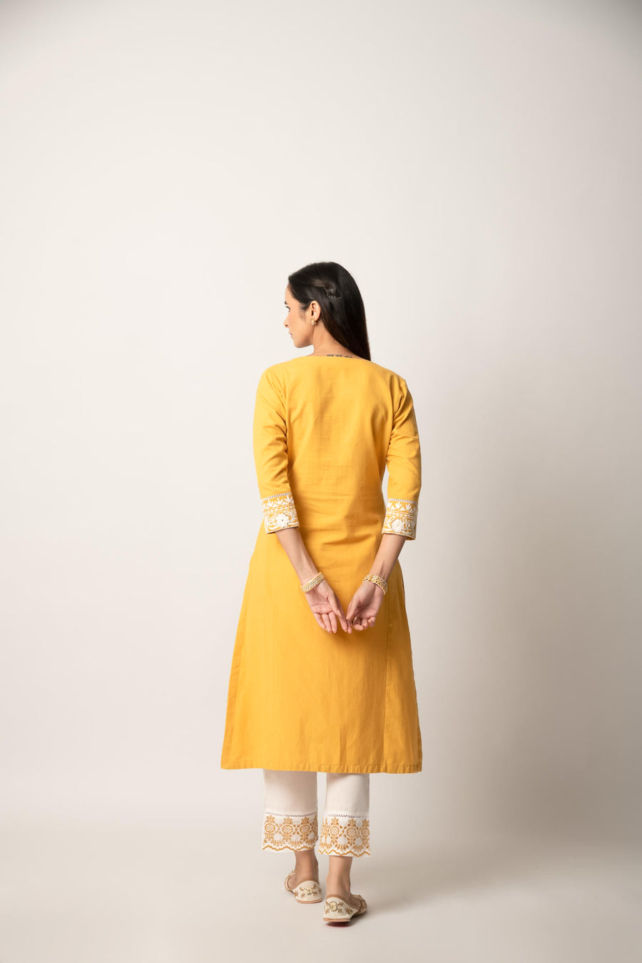 Mustard Aari Embroidered Straight Kurta with Pant