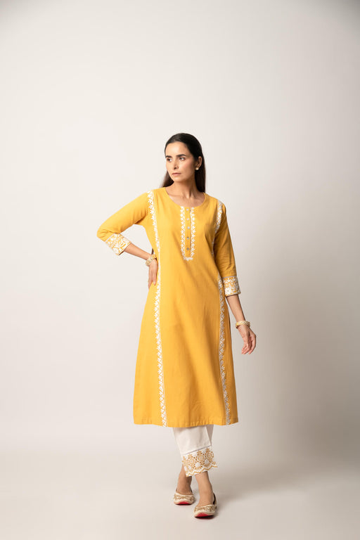 Mustard Aari Embroidered Straight Kurta with Pant