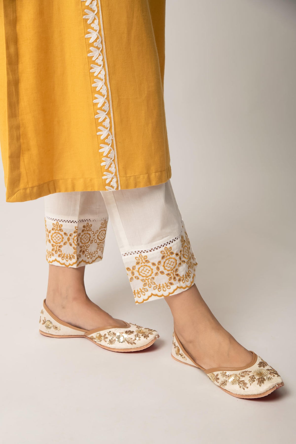 Mustard Aari Embroidered Straight Kurta with Pant