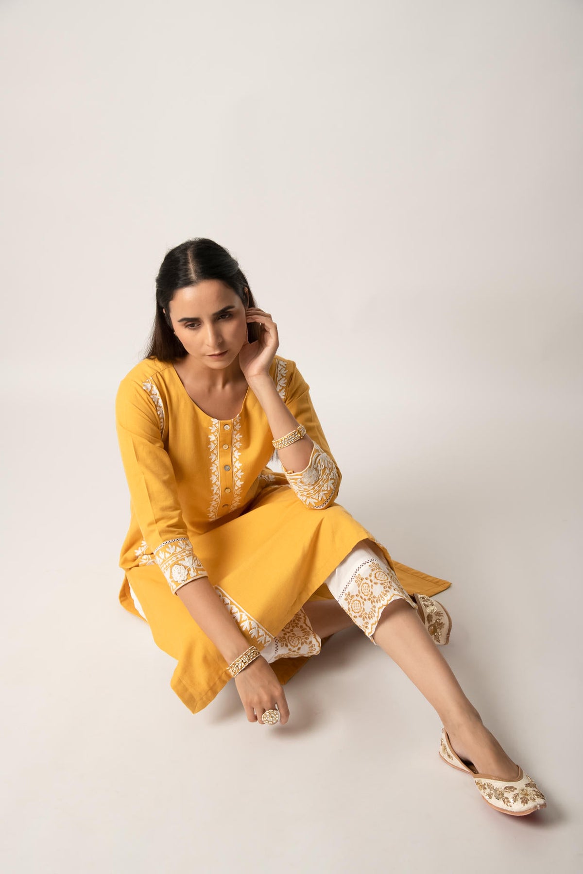 Mustard Aari Embroidered Straight Kurta with Pant