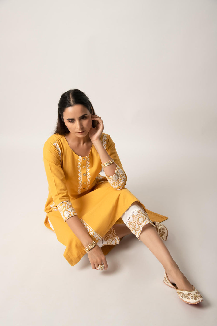 Mustard Aari Embroidered Straight Kurta with Pant