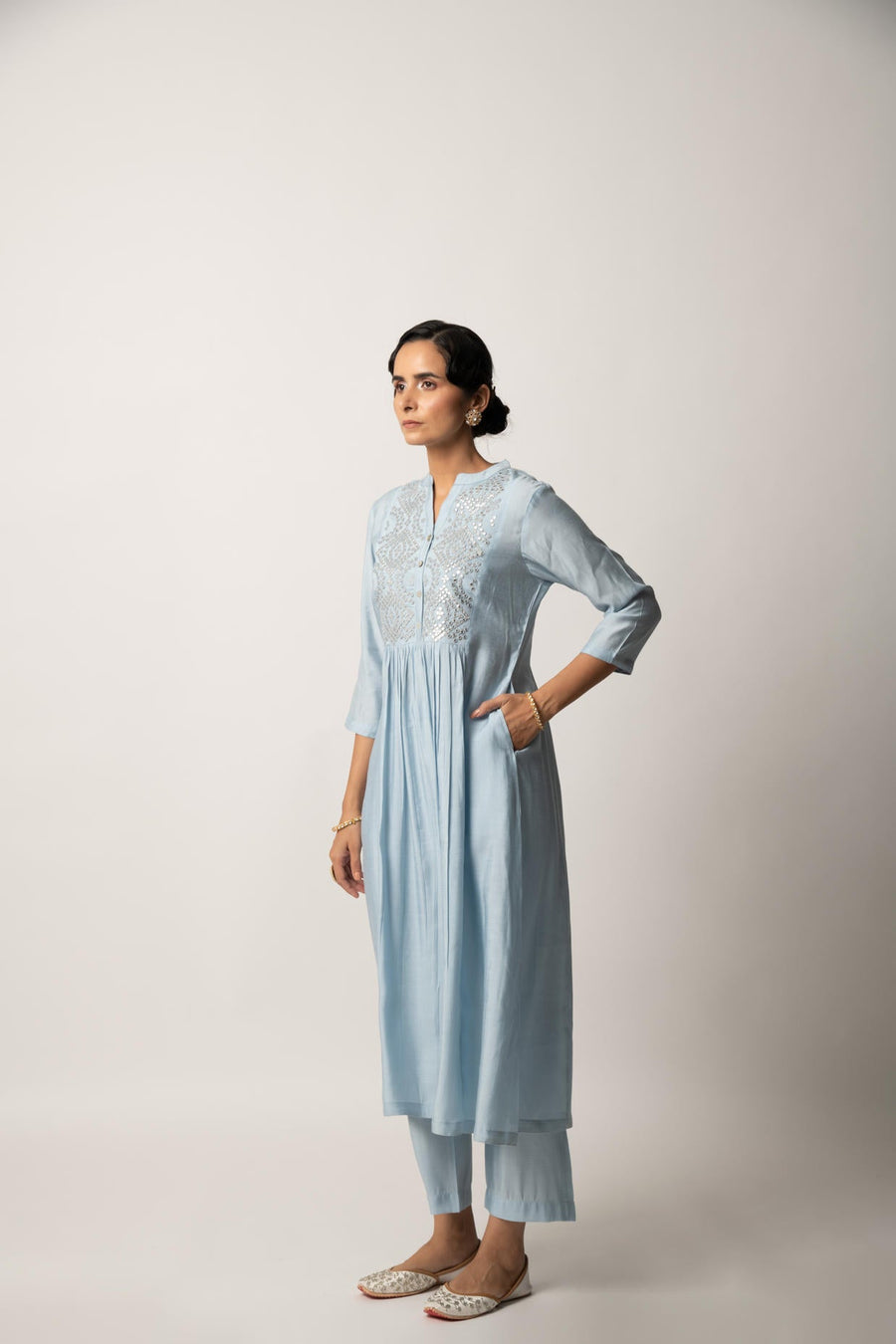 Sky blue gathered A-Line kurta Pant Set