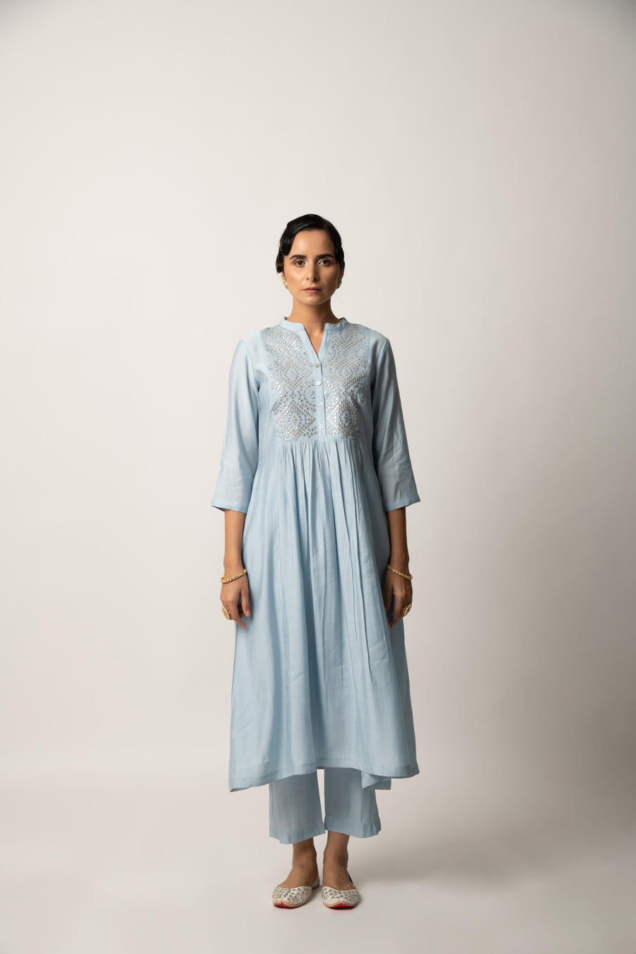 Sky blue gathered A-Line kurta Pant Set