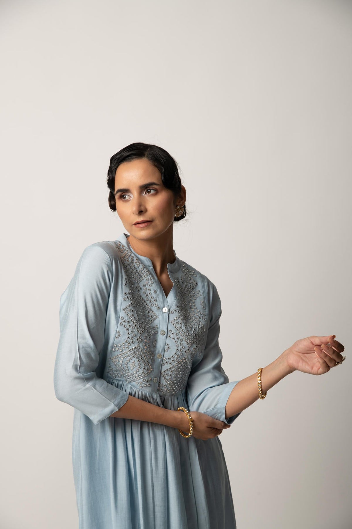 Sky blue gathered A-Line kurta Pant Set