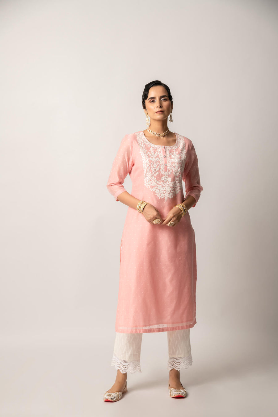 Pink Silk Chanderi Straight Kurta