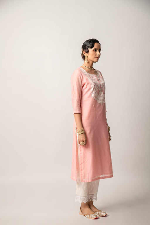 Pink Silk Chanderi Straight Kurta